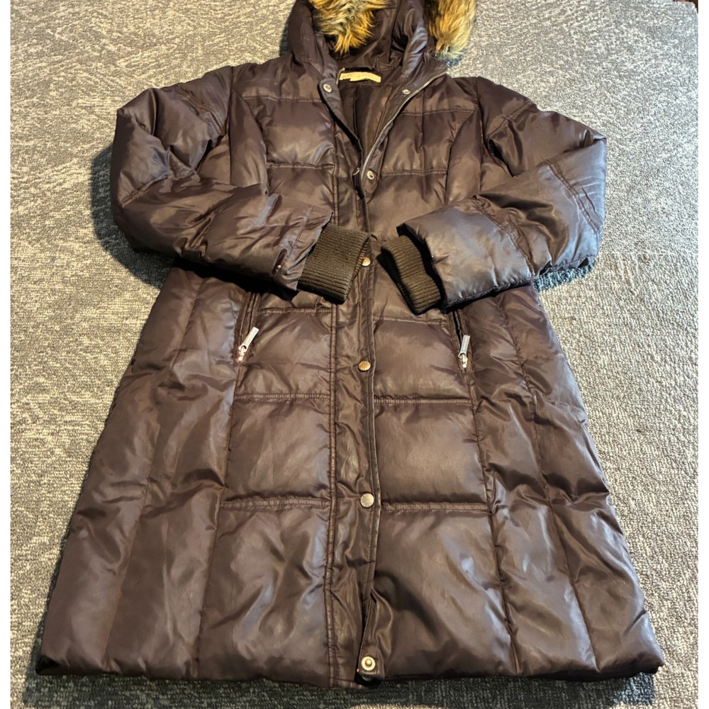 Michael Kors Womens Long Down Puffer Coat S Brown Faux Fur Hood Quilted Parka
